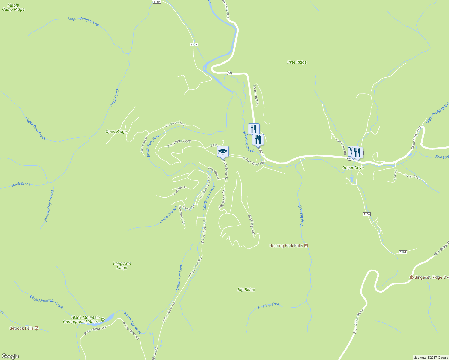 map of restaurants, bars, coffee shops, grocery stores, and more near 607 South Toe River Road in Burnsville