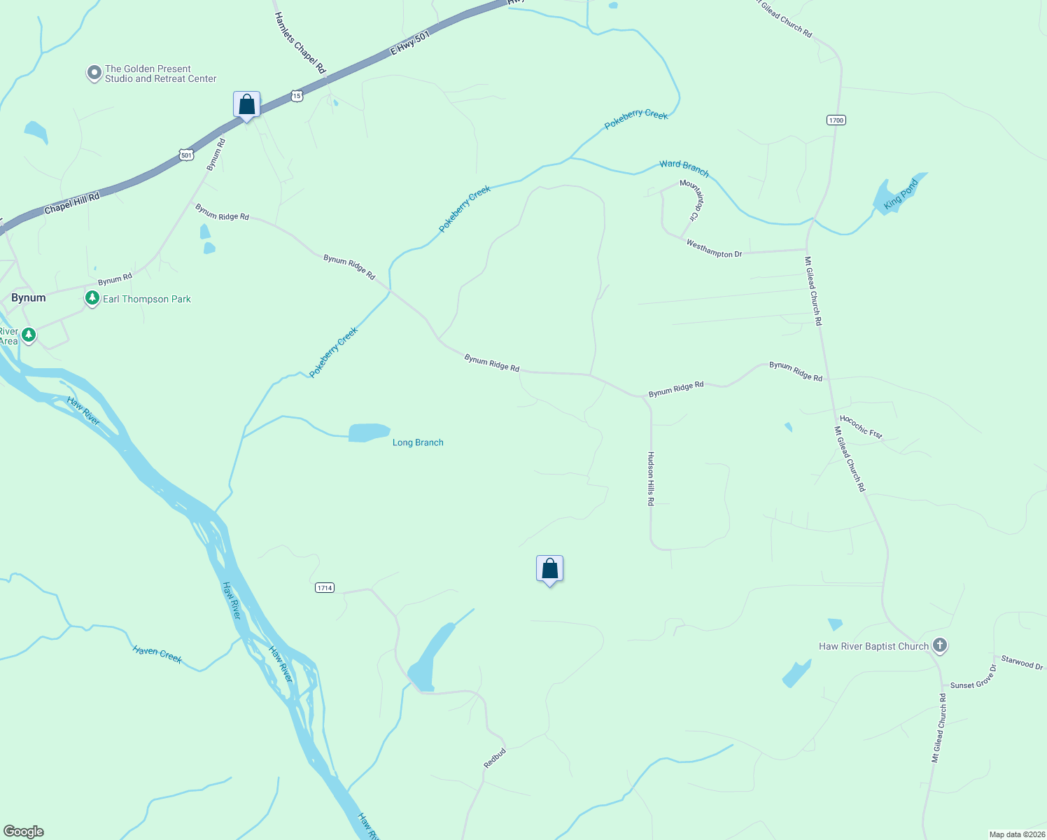 map of restaurants, bars, coffee shops, grocery stores, and more near 124 Goldberry Ln in Pittsboro