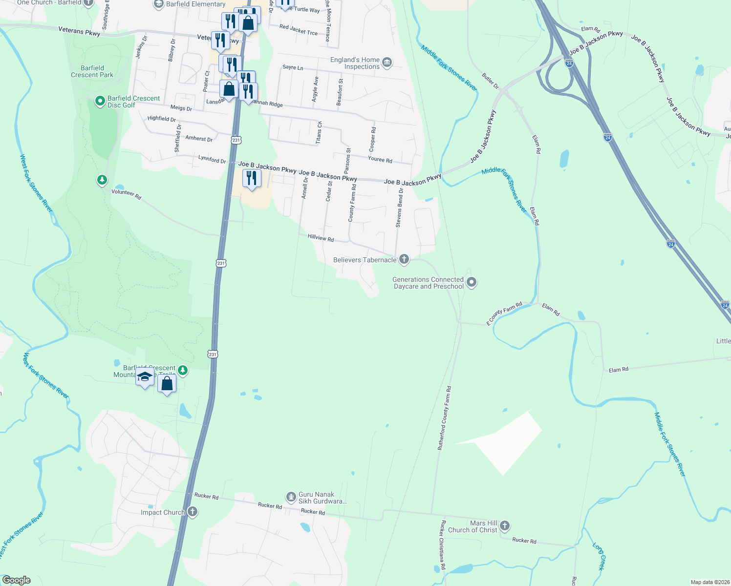 map of restaurants, bars, coffee shops, grocery stores, and more near 3812 Berryhill Drive in Murfreesboro