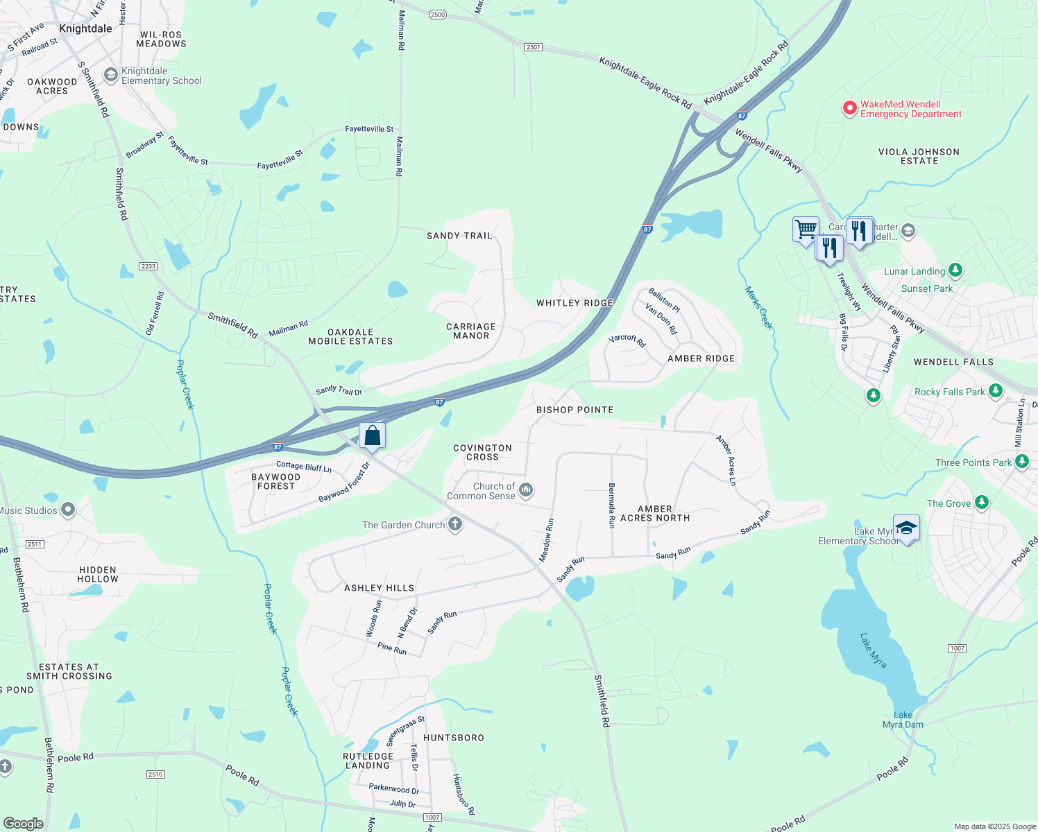 map of restaurants, bars, coffee shops, grocery stores, and more near 1017 Knighthood Lane in Knightdale