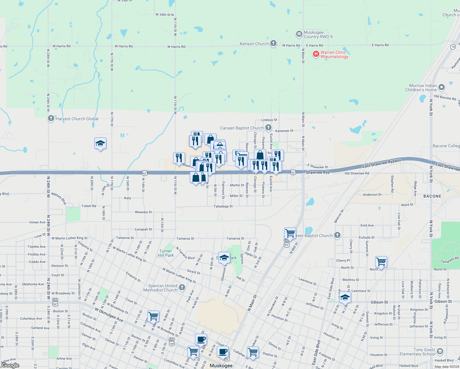 map of restaurants, bars, coffee shops, grocery stores, and more near 1807 Carroll Street in Muskogee