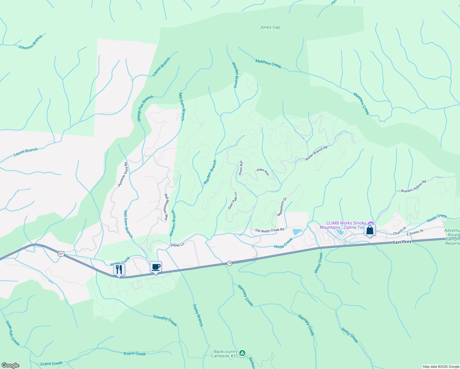 map of restaurants, bars, coffee shops, grocery stores, and more near 540 Deer Path Lane in Gatlinburg
