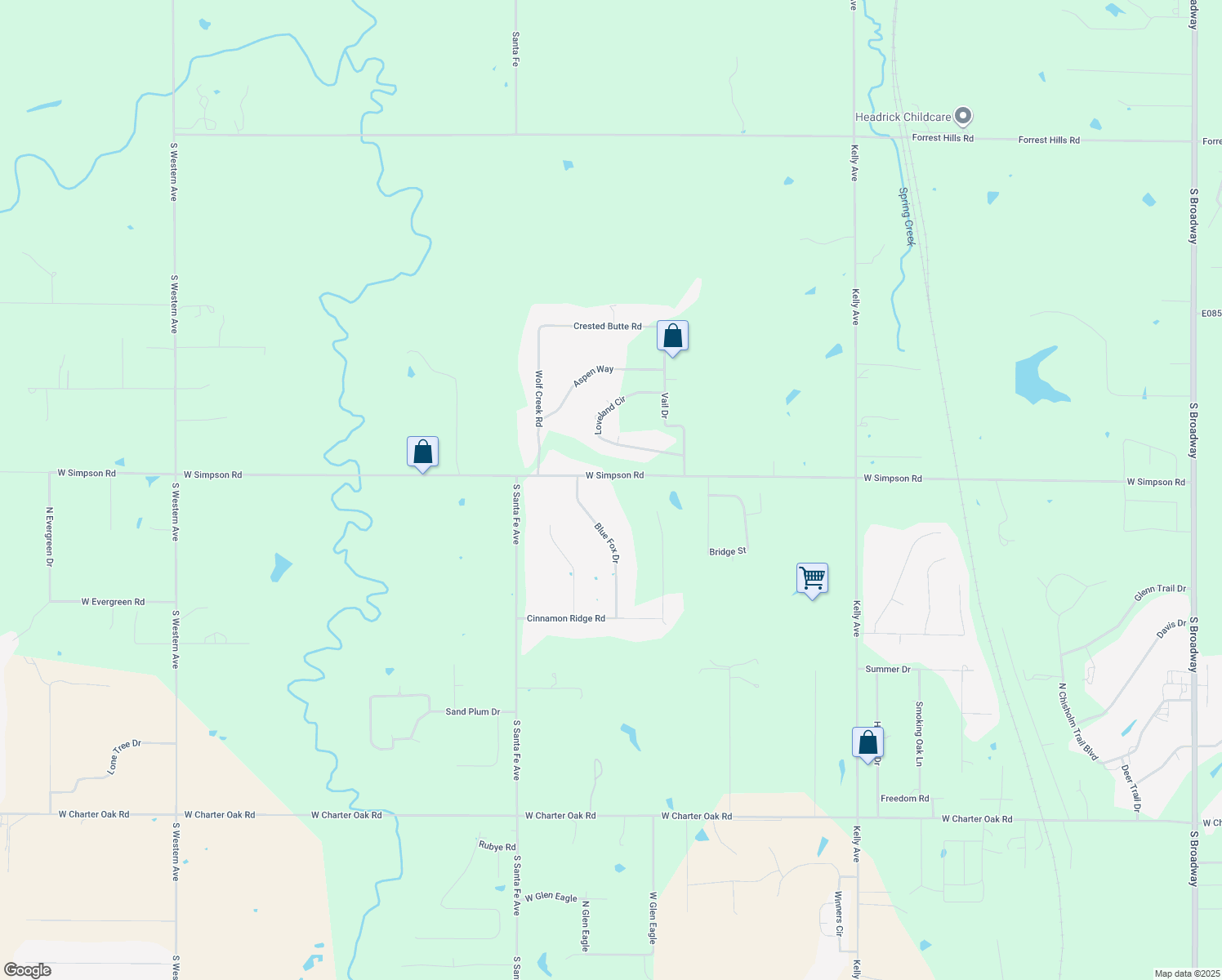 map of restaurants, bars, coffee shops, grocery stores, and more near 6625 West Simpson Road in Edmond