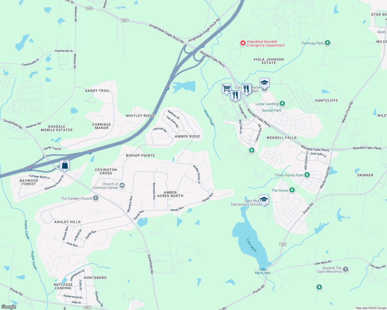 map of restaurants, bars, coffee shops, grocery stores, and more near 5725 Woof Pl in Knightdale