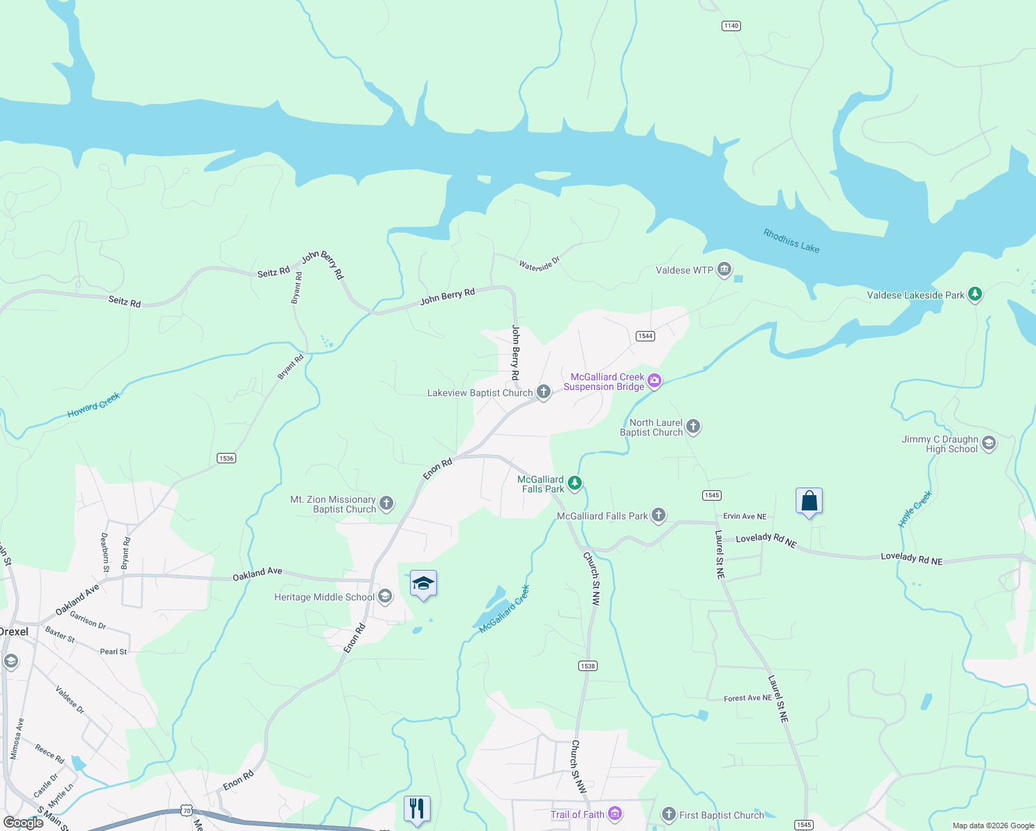 map of restaurants, bars, coffee shops, grocery stores, and more near 4694 Lakeview Acres Road in Valdese