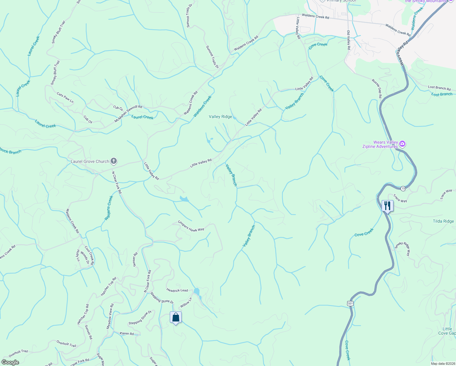 map of restaurants, bars, coffee shops, grocery stores, and more near 2906 Santella Way in Sevierville