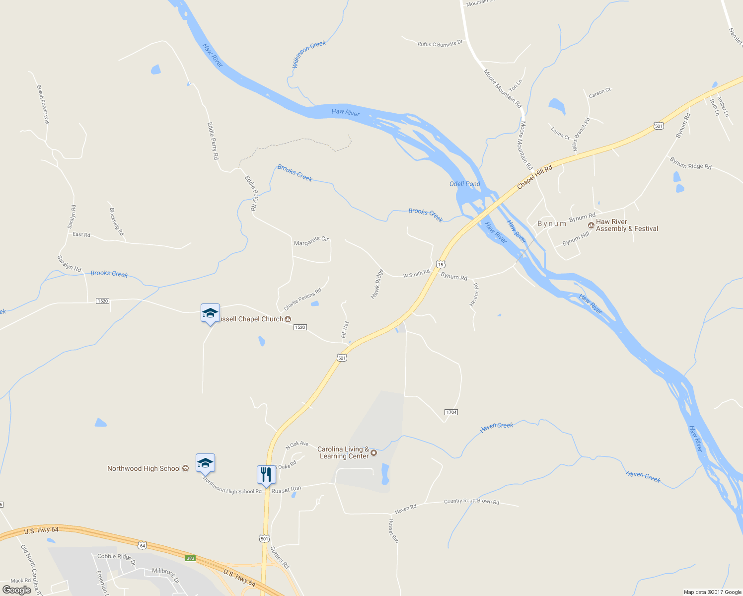 map of restaurants, bars, coffee shops, grocery stores, and more near 98 Hawk Ridge in Pittsboro