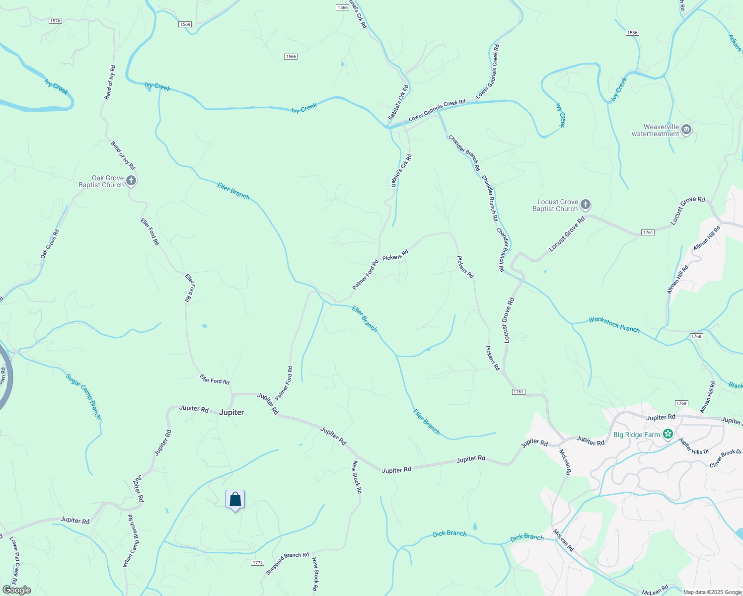 map of restaurants, bars, coffee shops, grocery stores, and more near 175 Palmer Ford Road in Weaverville