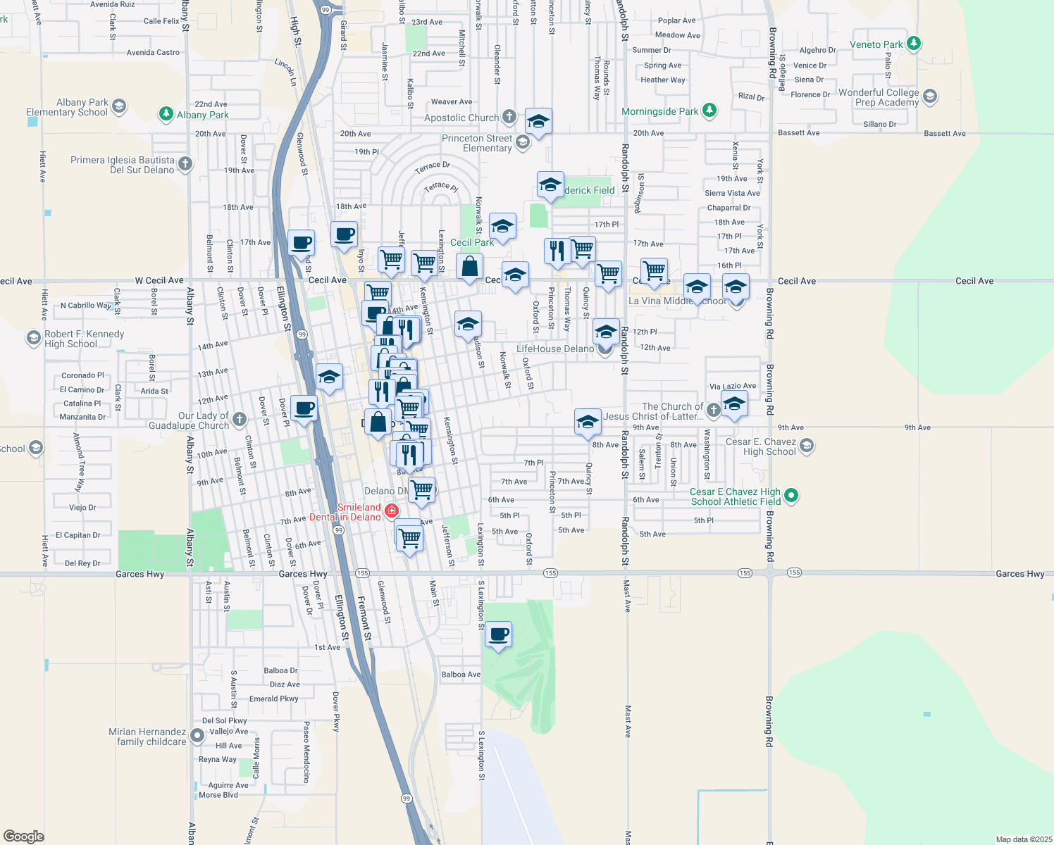 map of restaurants, bars, coffee shops, grocery stores, and more near 1423 9th Avenue in Delano
