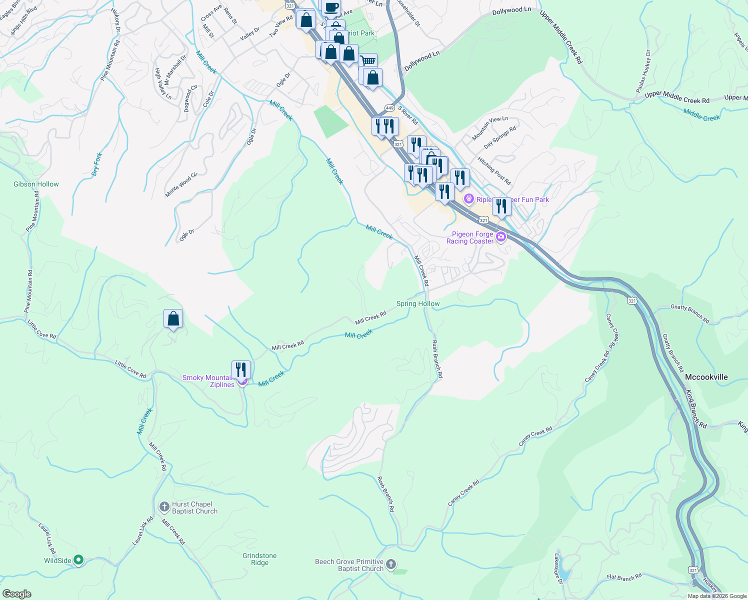 map of restaurants, bars, coffee shops, grocery stores, and more near 4145 Watson Ct in Pigeon Forge
