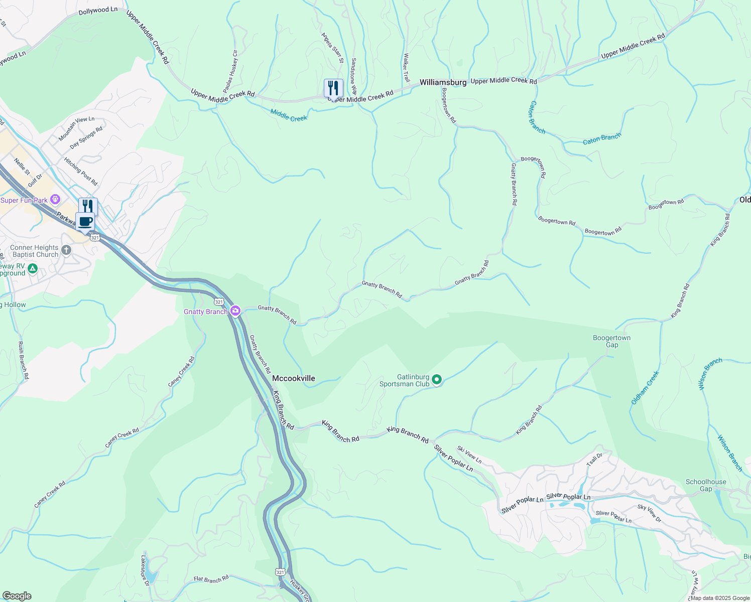 map of restaurants, bars, coffee shops, grocery stores, and more near 1805 Foothills Forest Way in Sevierville