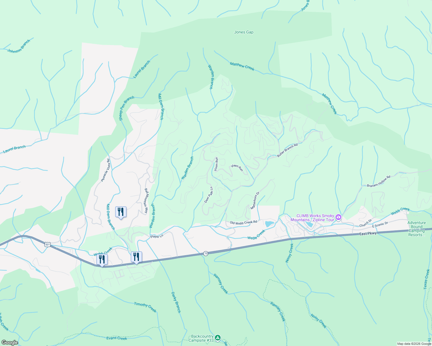 map of restaurants, bars, coffee shops, grocery stores, and more near 736 Vixen Run in Gatlinburg