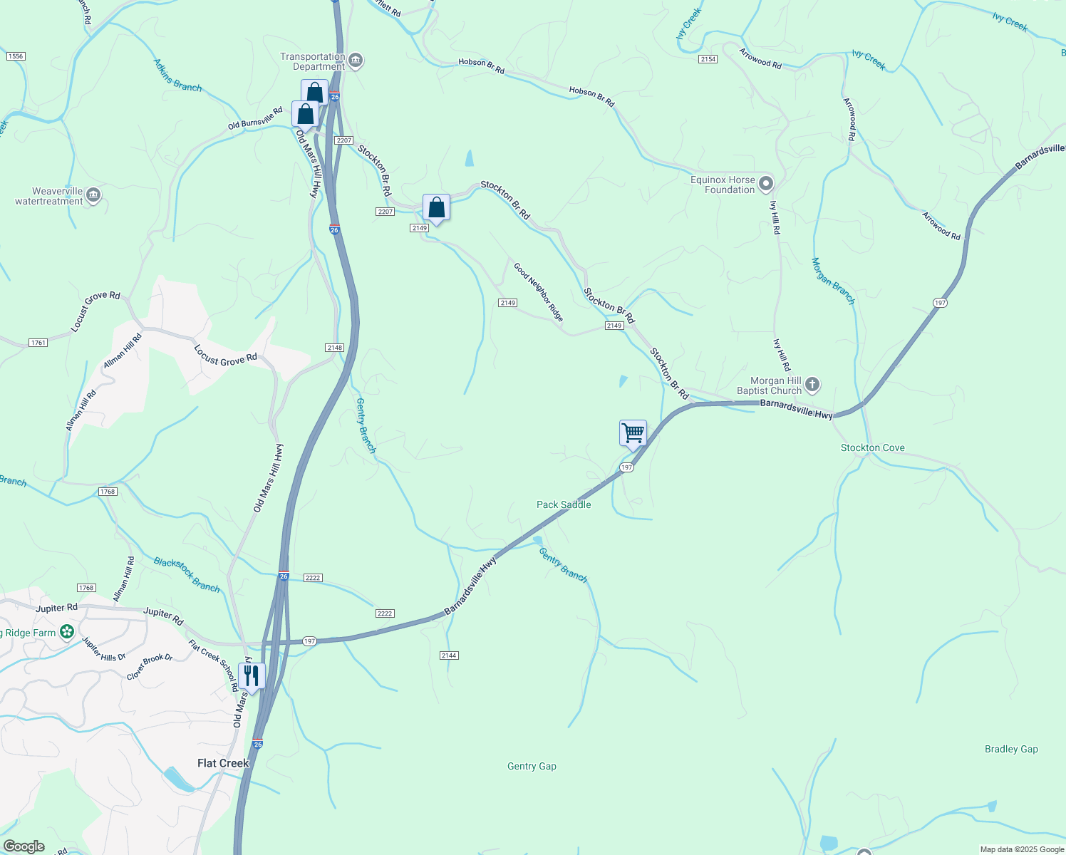 map of restaurants, bars, coffee shops, grocery stores, and more near 69 Ebb Burnette Road in Weaverville