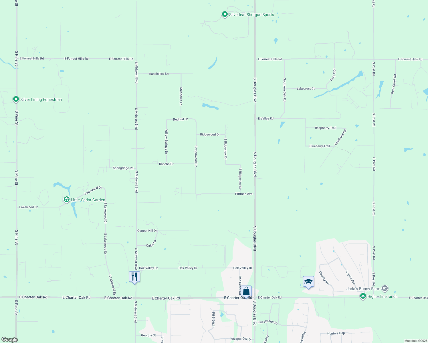 map of restaurants, bars, coffee shops, grocery stores, and more near 3851 East Ridgeview Drive in Guthrie