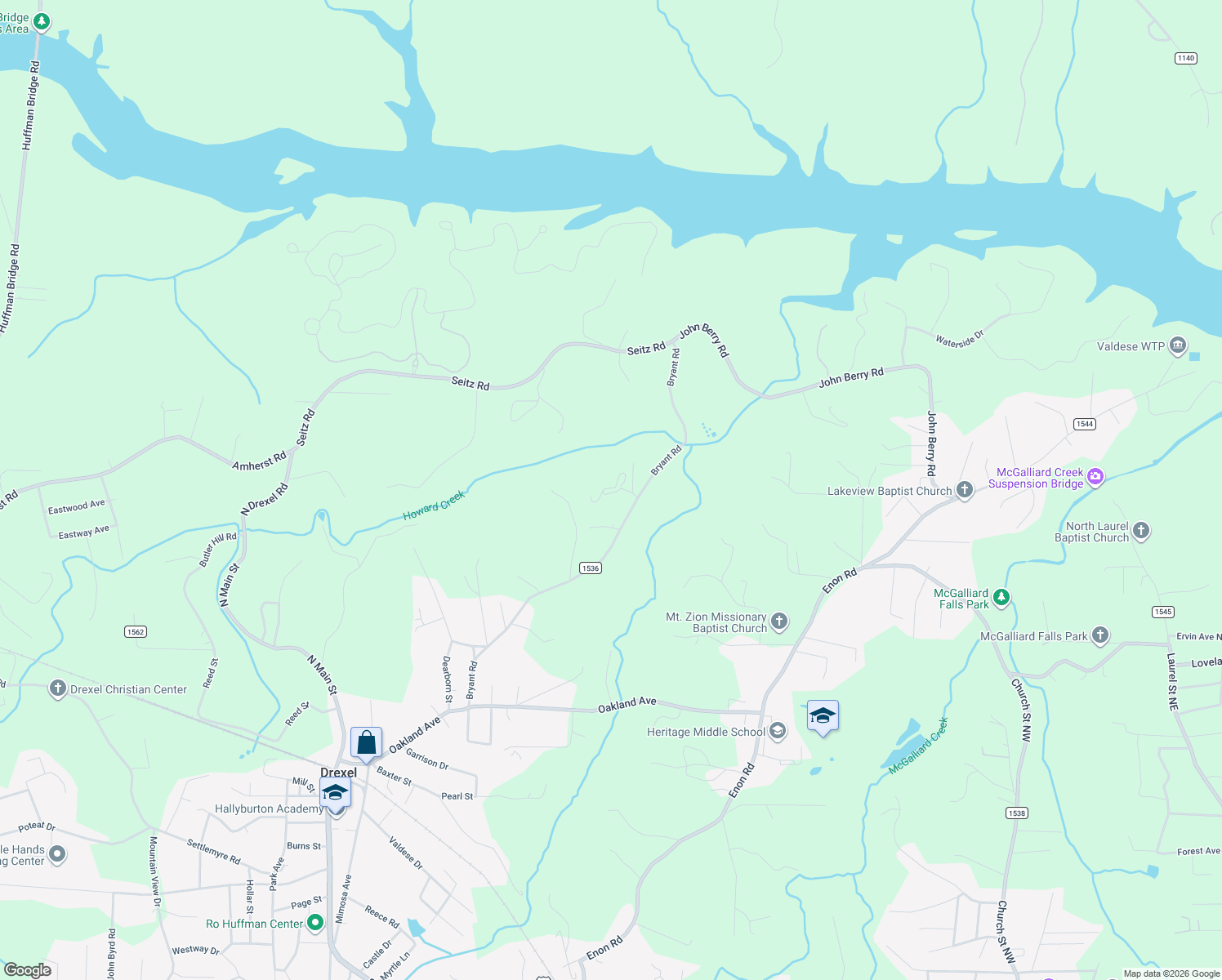 map of restaurants, bars, coffee shops, grocery stores, and more near 465 Bryant Road in Morganton