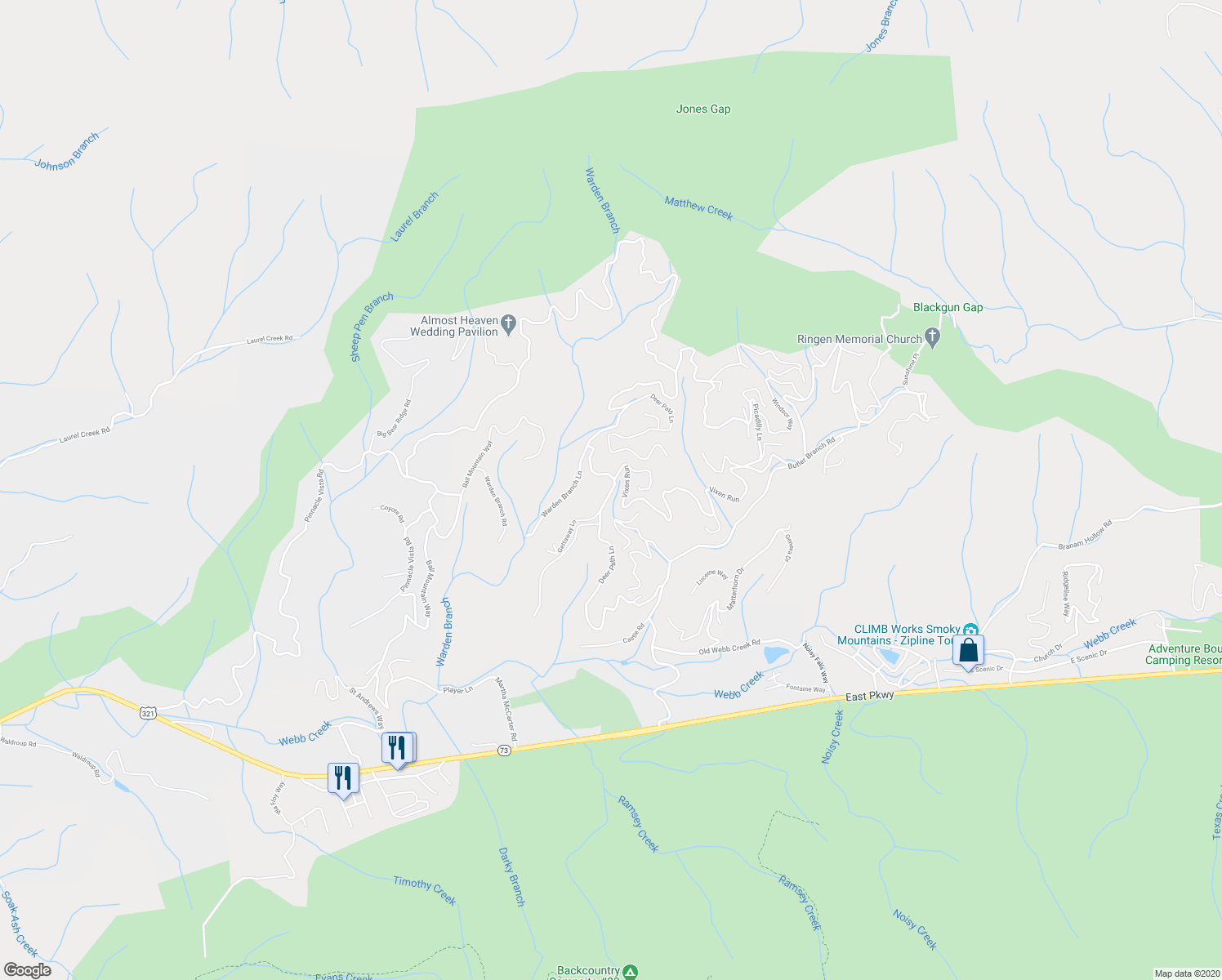 map of restaurants, bars, coffee shops, grocery stores, and more near 609 Deer Path Lane in Gatlinburg