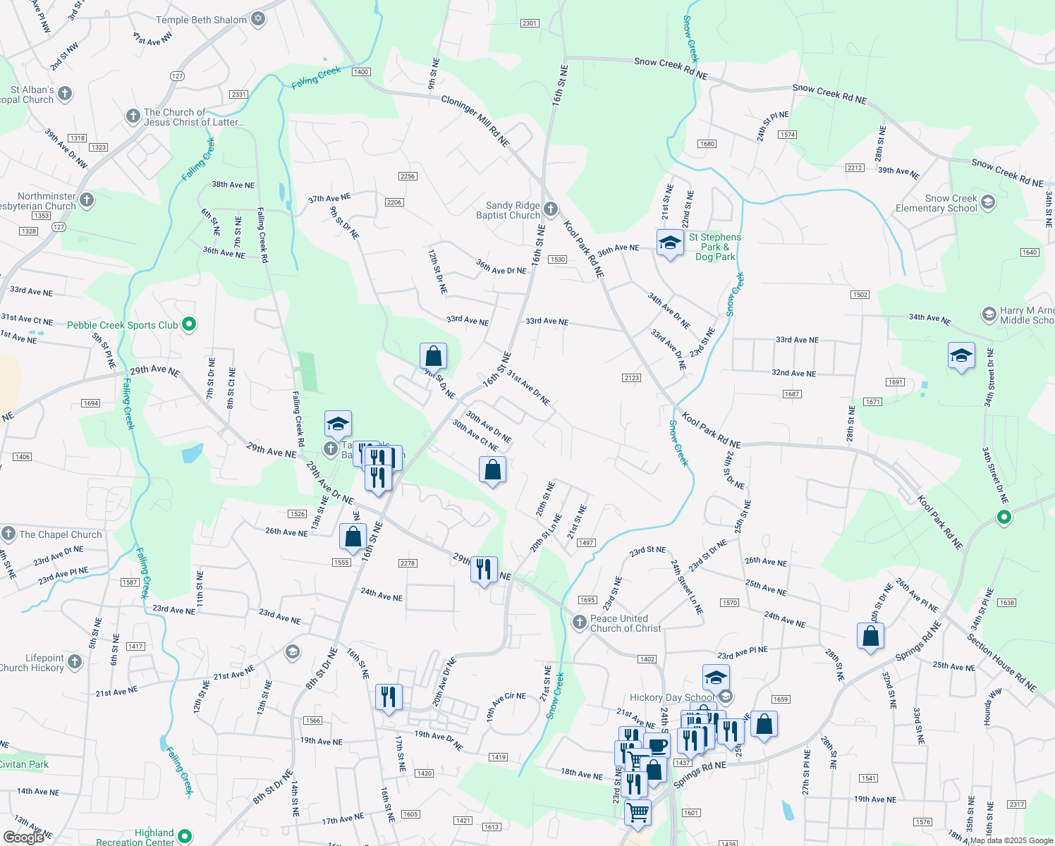 map of restaurants, bars, coffee shops, grocery stores, and more near 3178 17th Street Lane Northeast in Hickory