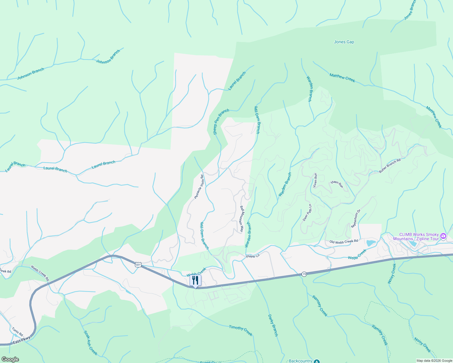 map of restaurants, bars, coffee shops, grocery stores, and more near 654 Pinnacle Vista Road in Pittman Center