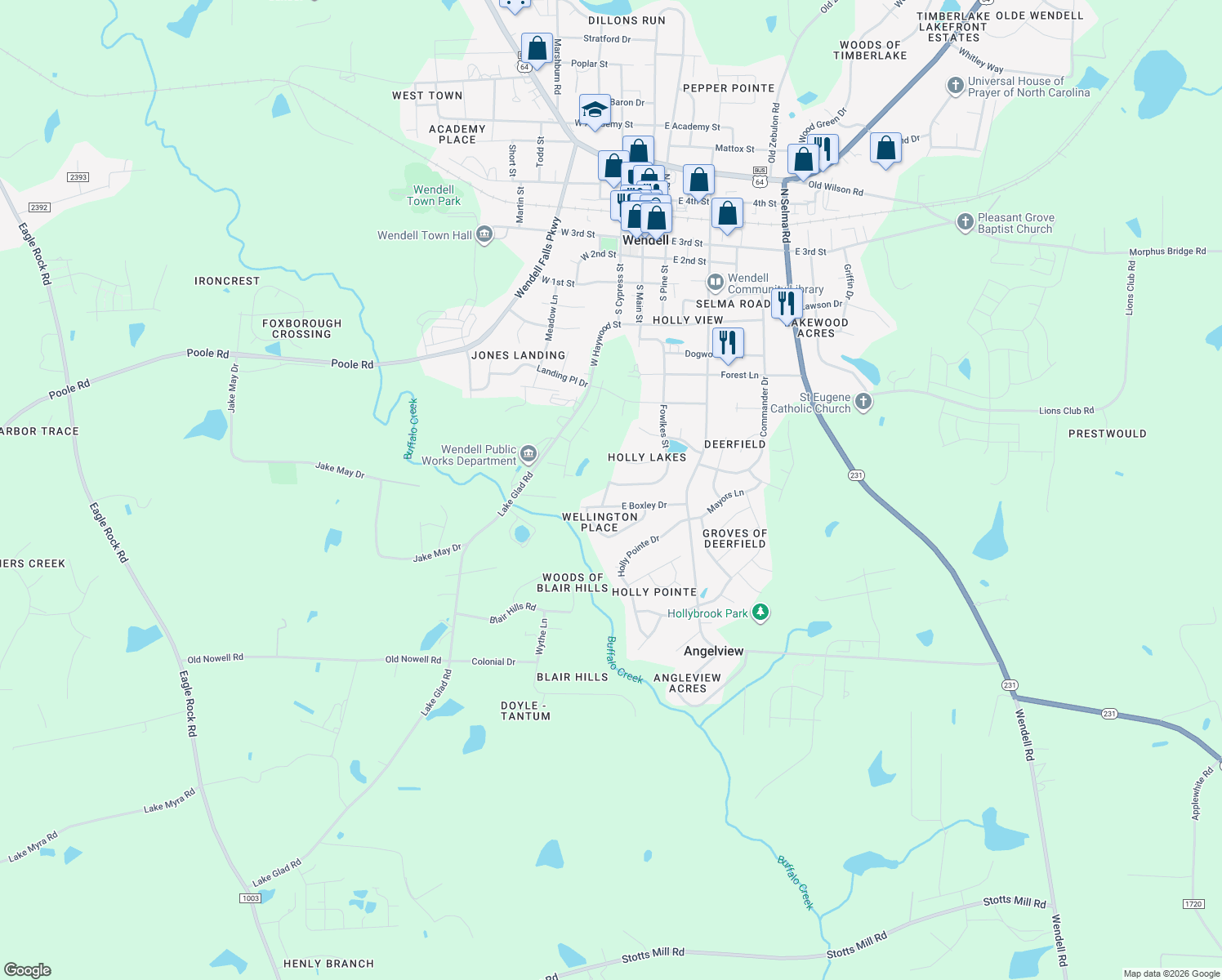 map of restaurants, bars, coffee shops, grocery stores, and more near 443 Fowlkes Street in Wendell