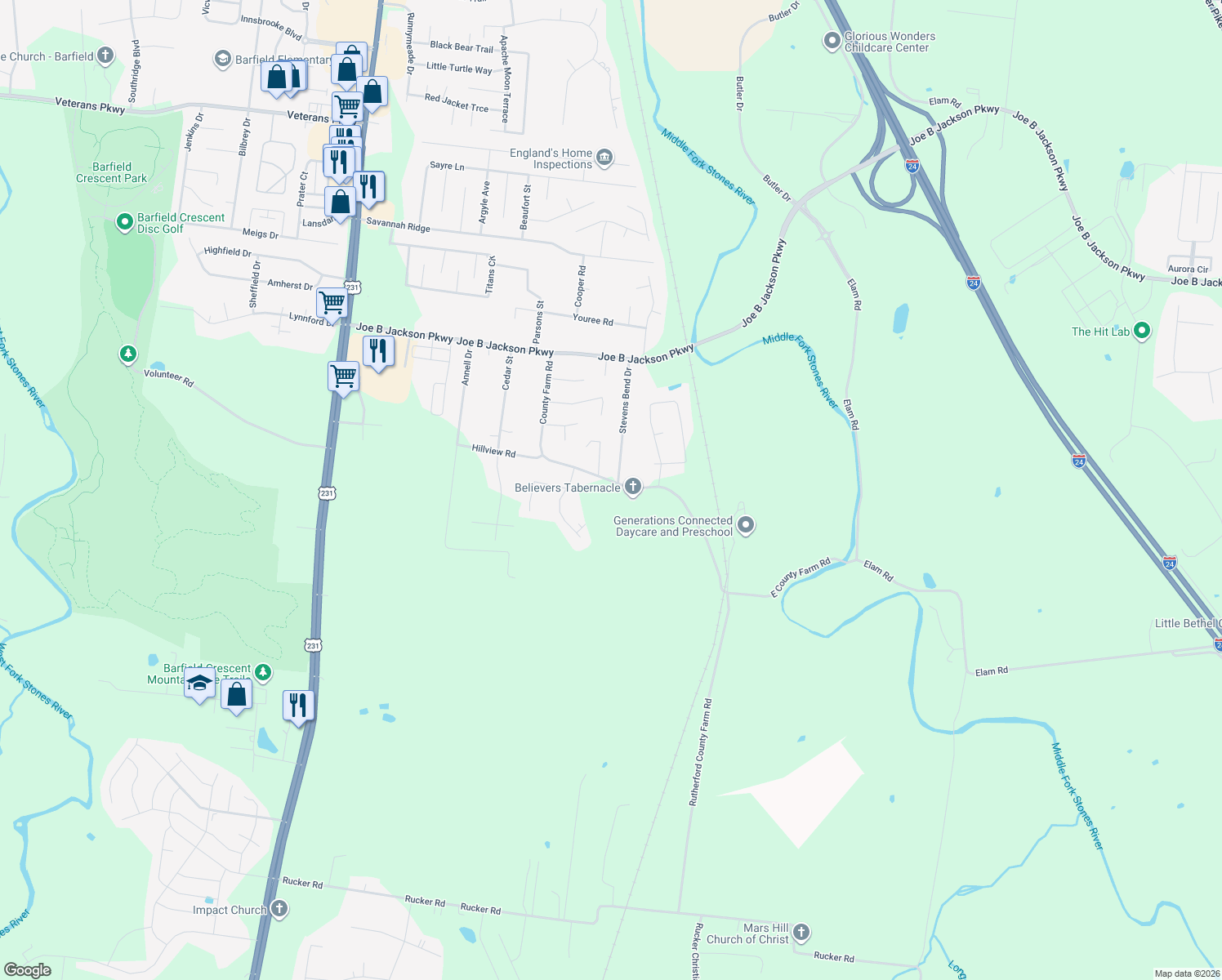 map of restaurants, bars, coffee shops, grocery stores, and more near 668 County Farm Road in Murfreesboro