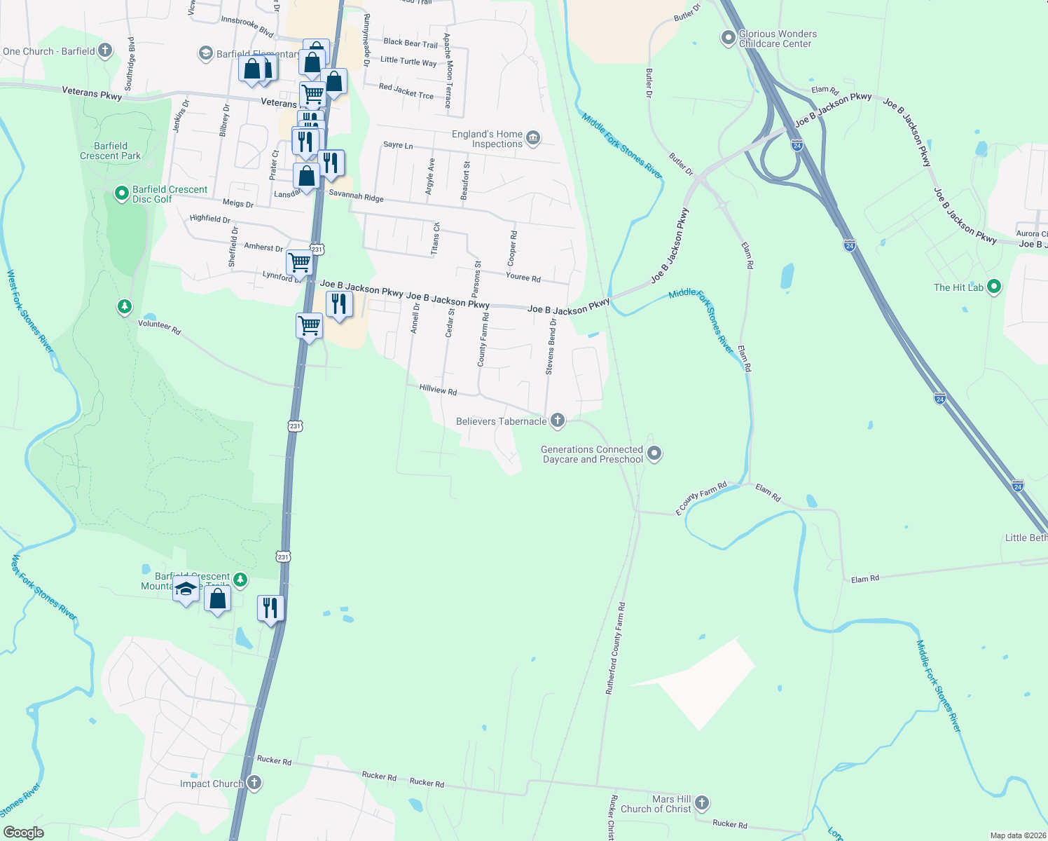 map of restaurants, bars, coffee shops, grocery stores, and more near 668 County Farm Road in Murfreesboro