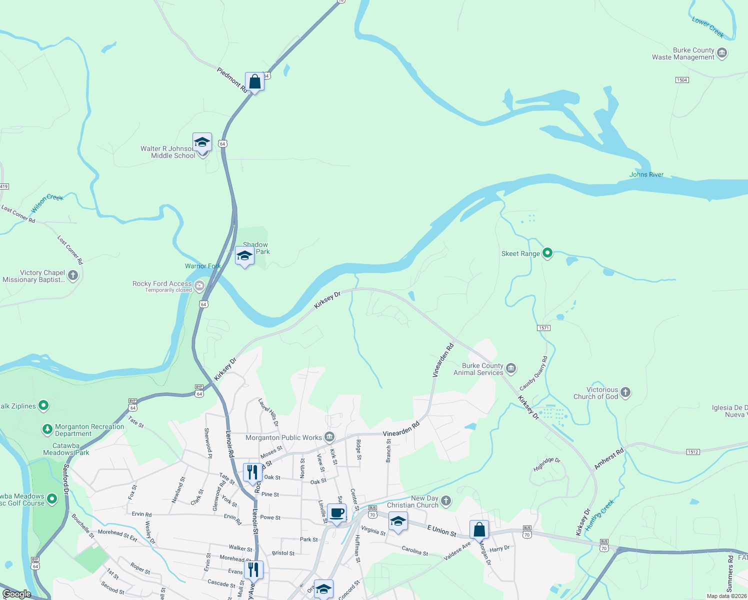 map of restaurants, bars, coffee shops, grocery stores, and more near 103 Liberty Trail in Morganton