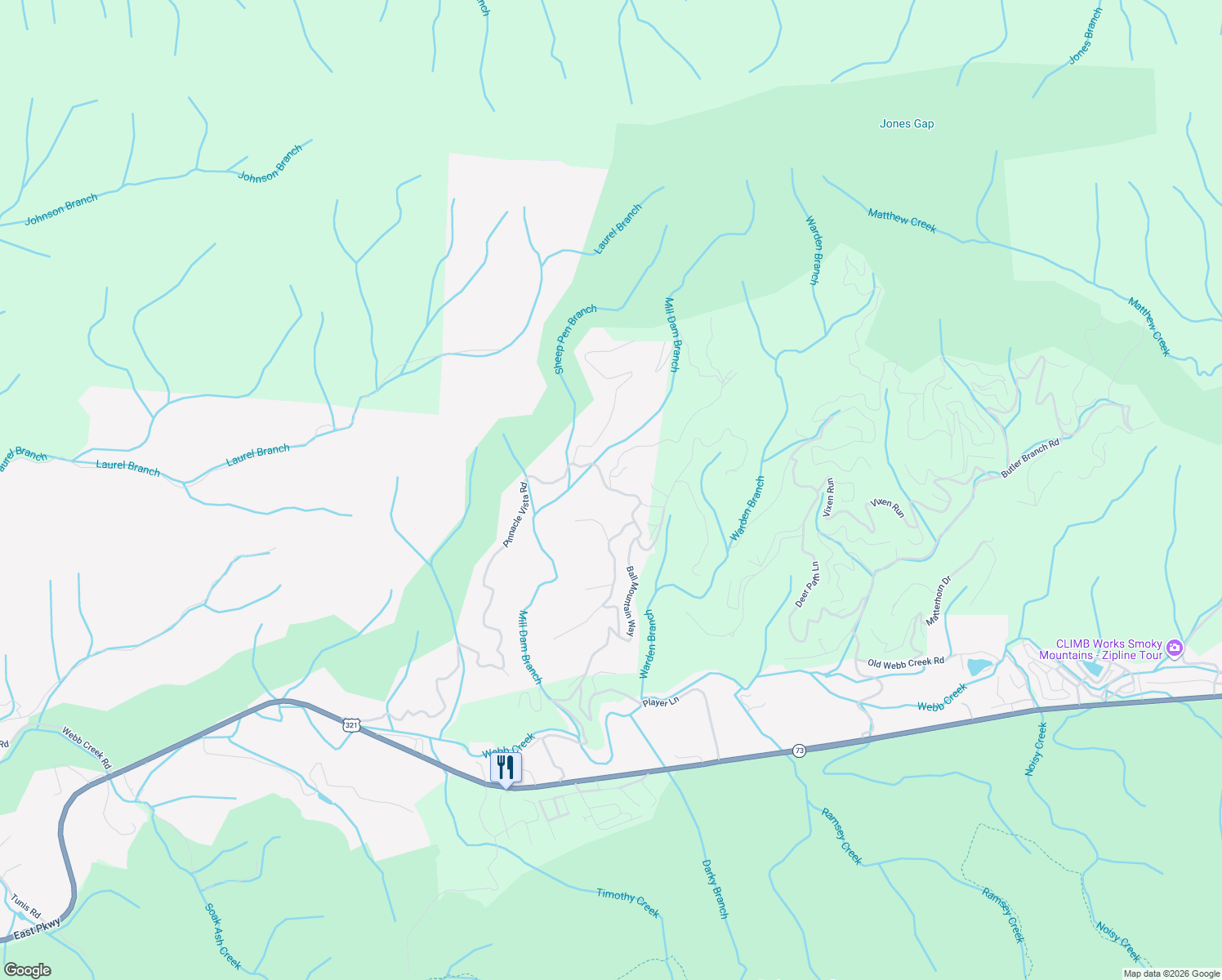 map of restaurants, bars, coffee shops, grocery stores, and more near 654 Pinnacle Vista Road in Pittman Center