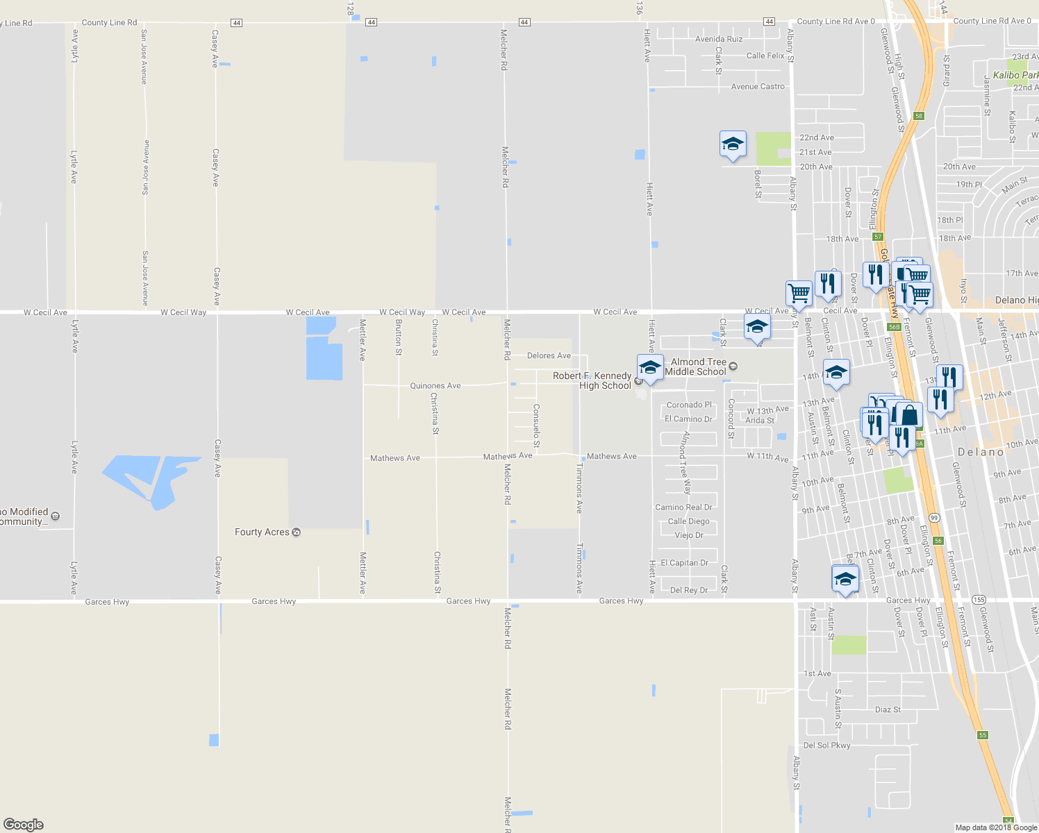map of restaurants, bars, coffee shops, grocery stores, and more near 816 Maria Way in Delano