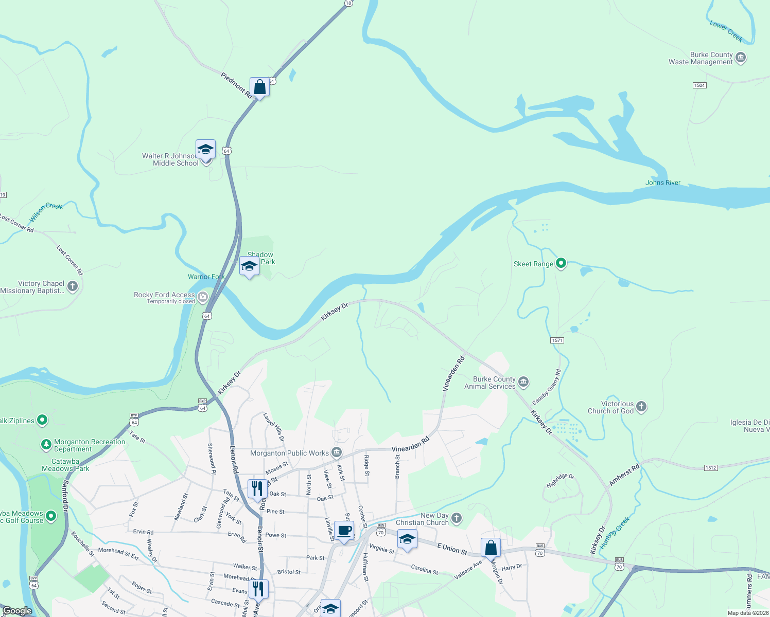 map of restaurants, bars, coffee shops, grocery stores, and more near 103 Liberty Trail in Morganton