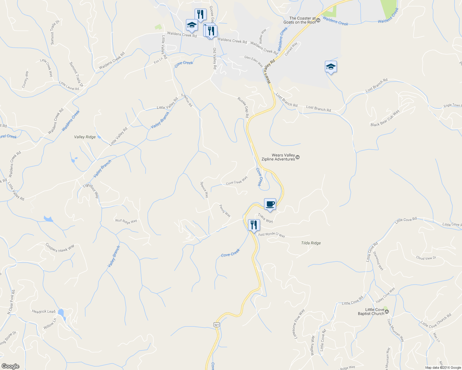 map of restaurants, bars, coffee shops, grocery stores, and more near 3380 Cove Creek Way in Pigeon Forge