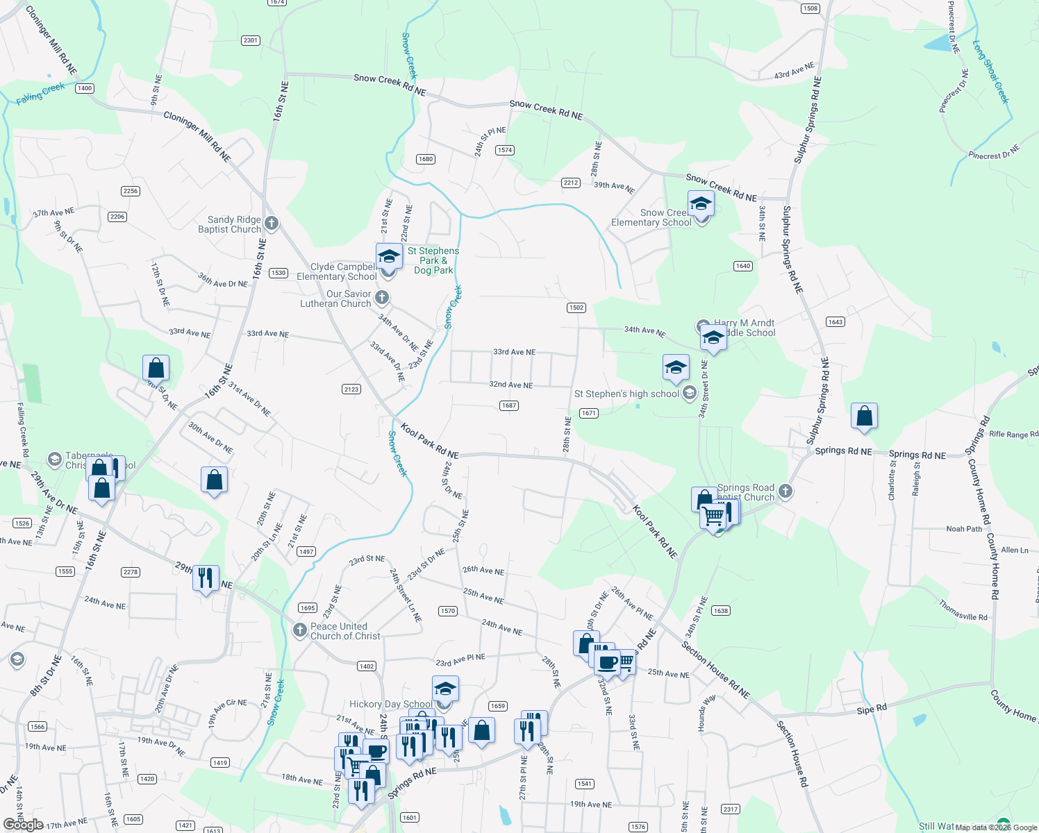 map of restaurants, bars, coffee shops, grocery stores, and more near 2612 31st Avenue Court Northeast in Hickory