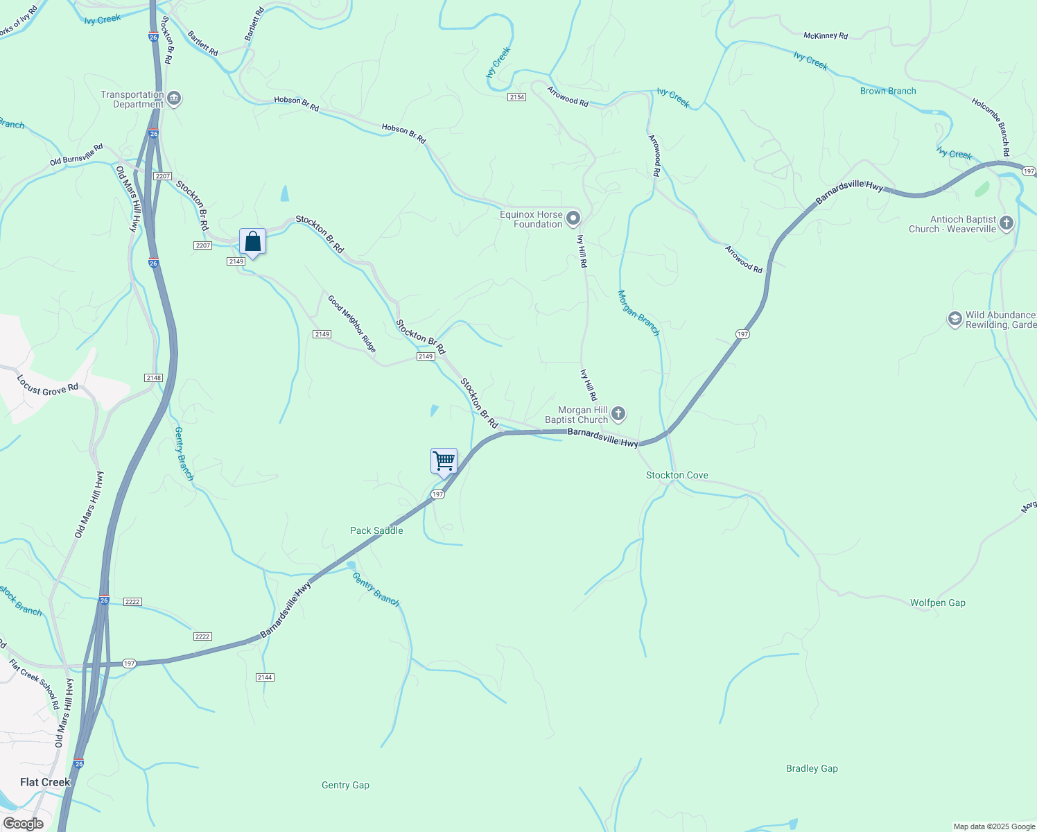 map of restaurants, bars, coffee shops, grocery stores, and more near 30 Brown Road in Weaverville