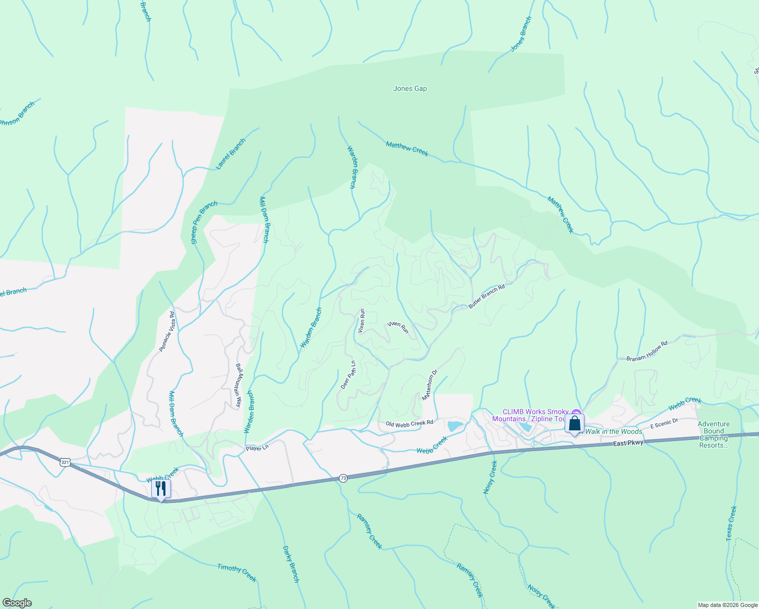 map of restaurants, bars, coffee shops, grocery stores, and more near 905 Deer Path Lane in Gatlinburg