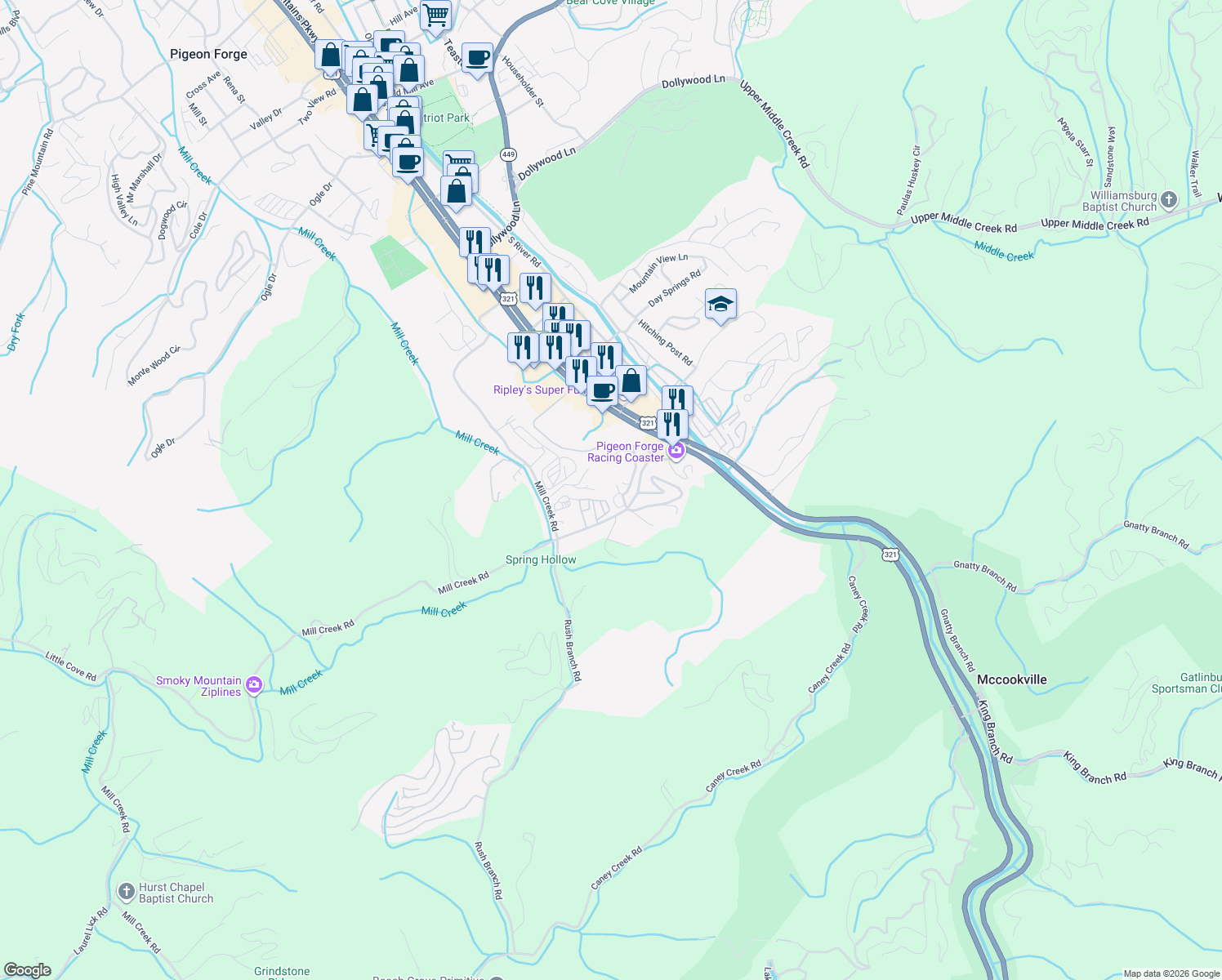 map of restaurants, bars, coffee shops, grocery stores, and more near 4320 Conner Dr in Sevierville