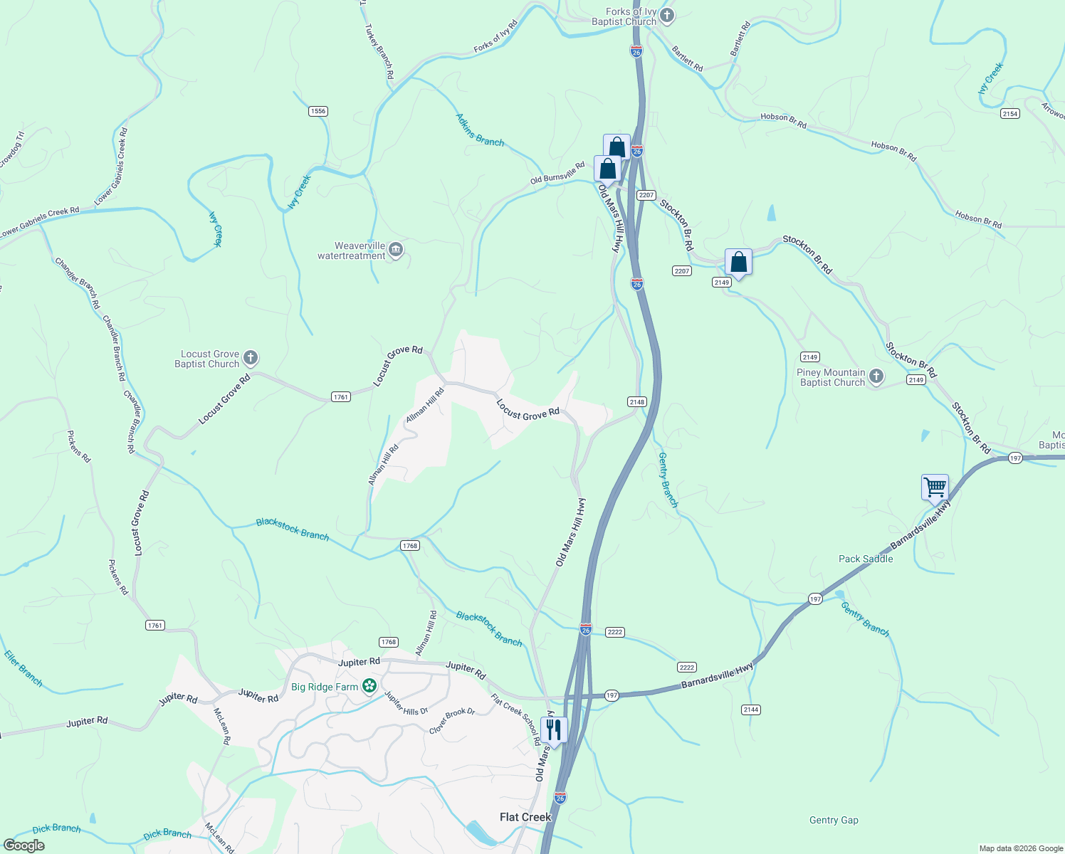 map of restaurants, bars, coffee shops, grocery stores, and more near 80 State Road 1768 in Weaverville