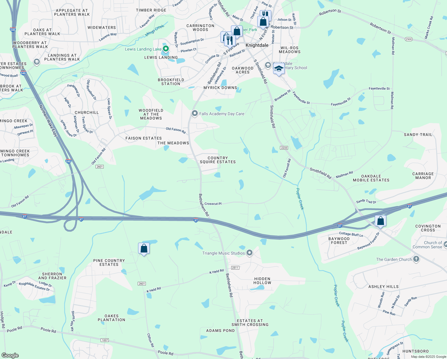 map of restaurants, bars, coffee shops, grocery stores, and more near 111 New Faison Lane in Knightdale