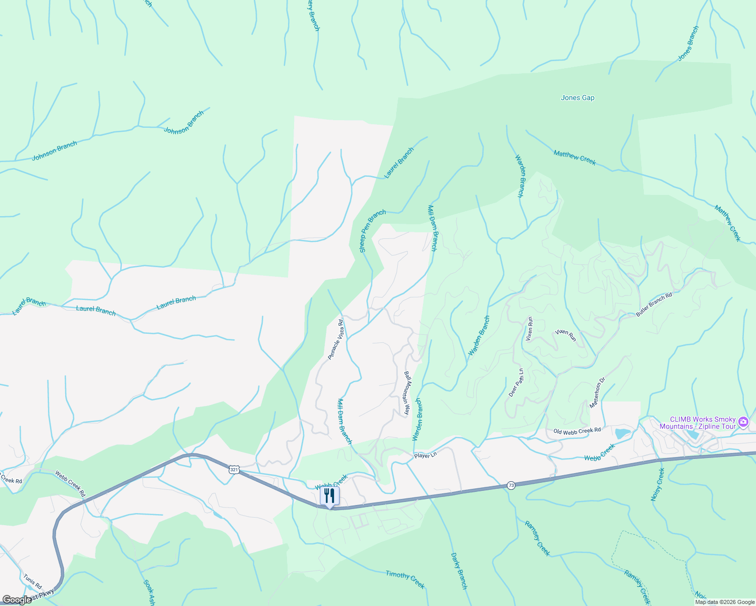 map of restaurants, bars, coffee shops, grocery stores, and more near 618 Big Bear Ridge Road in Gatlinburg