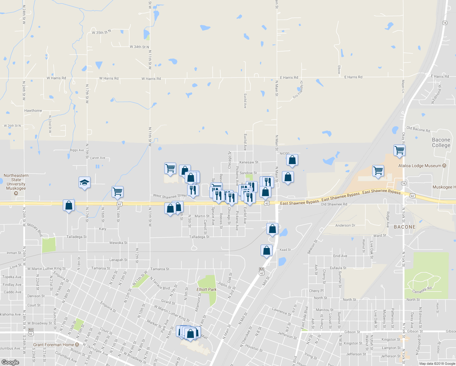 map of restaurants, bars, coffee shops, grocery stores, and more near 2201 Chicago Street in Muskogee
