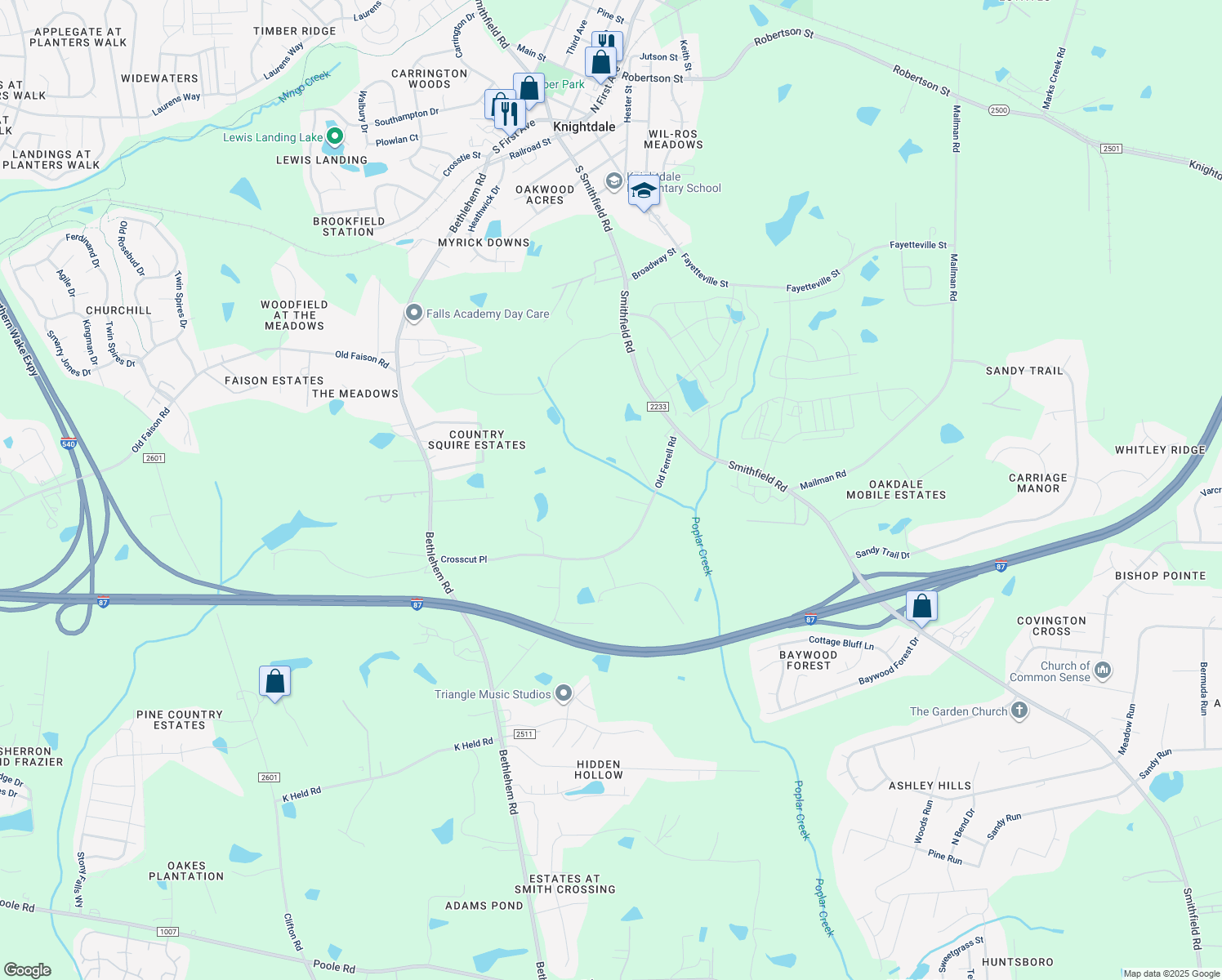 map of restaurants, bars, coffee shops, grocery stores, and more near 804 Old Ferrell Road in Knightdale