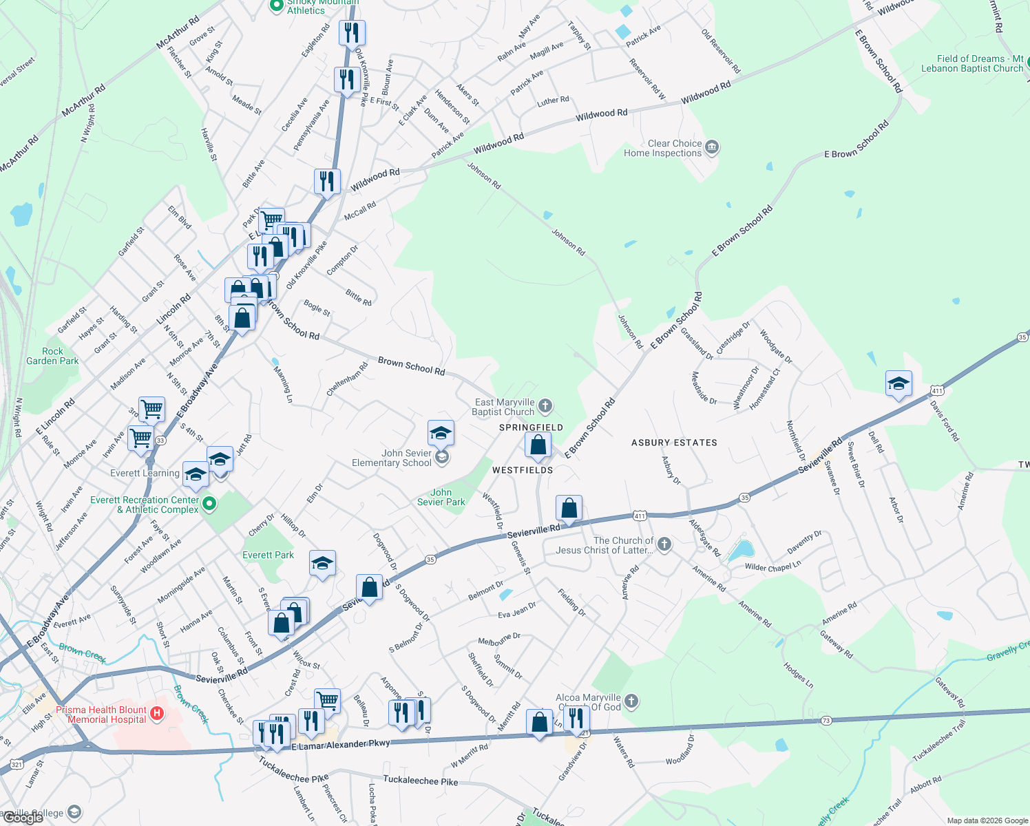 map of restaurants, bars, coffee shops, grocery stores, and more near 1102 Brown School Road in Maryville