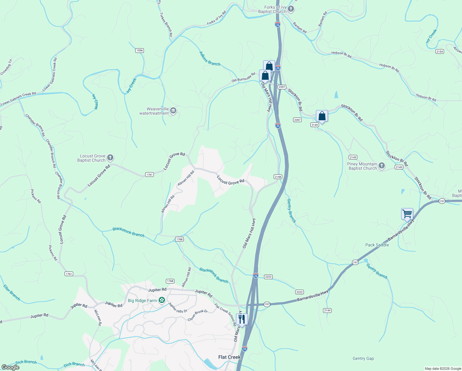 map of restaurants, bars, coffee shops, grocery stores, and more near 80 State Road 1768 in Weaverville