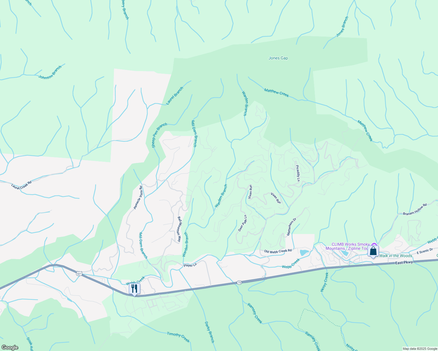 map of restaurants, bars, coffee shops, grocery stores, and more near 586 Ball Mountain Way in Gatlinburg