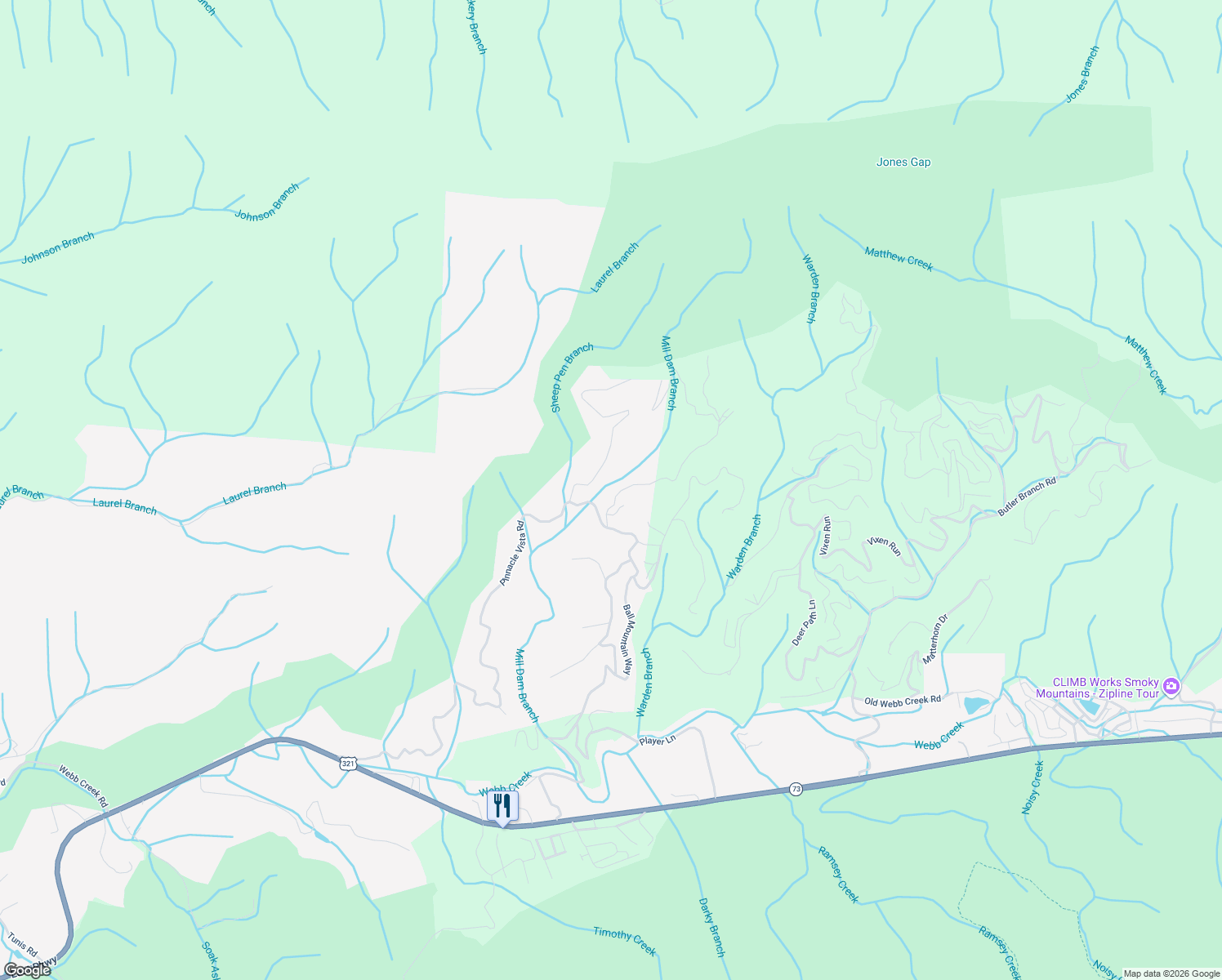 map of restaurants, bars, coffee shops, grocery stores, and more near 641 Pinnacle Vista Road in Pittman Center
