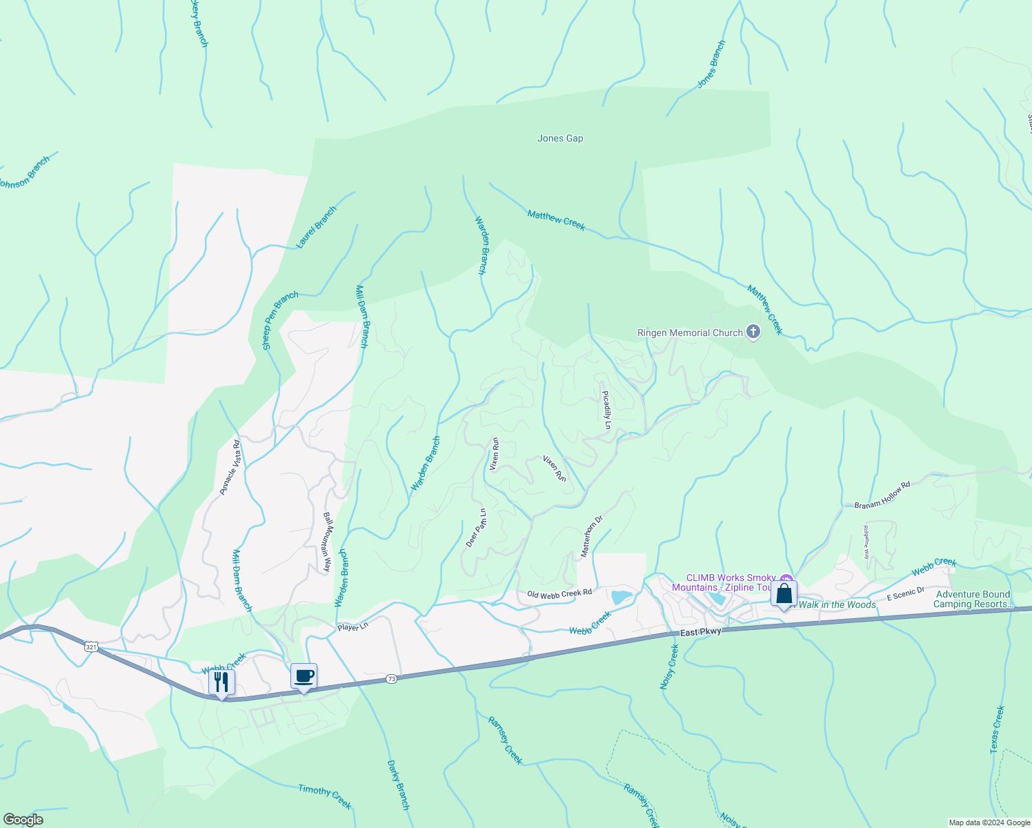 map of restaurants, bars, coffee shops, grocery stores, and more near 905 Deer Path Lane in Gatlinburg