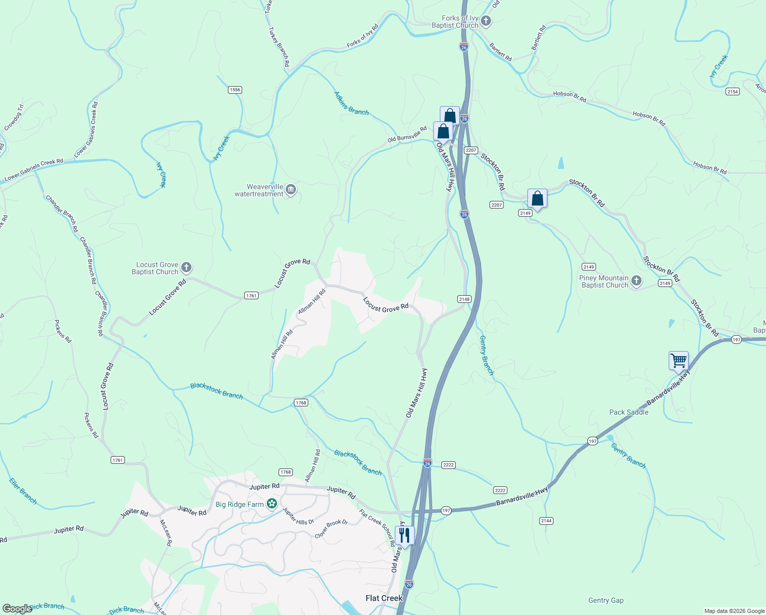 map of restaurants, bars, coffee shops, grocery stores, and more near 83 Locust Grove Road in Weaverville