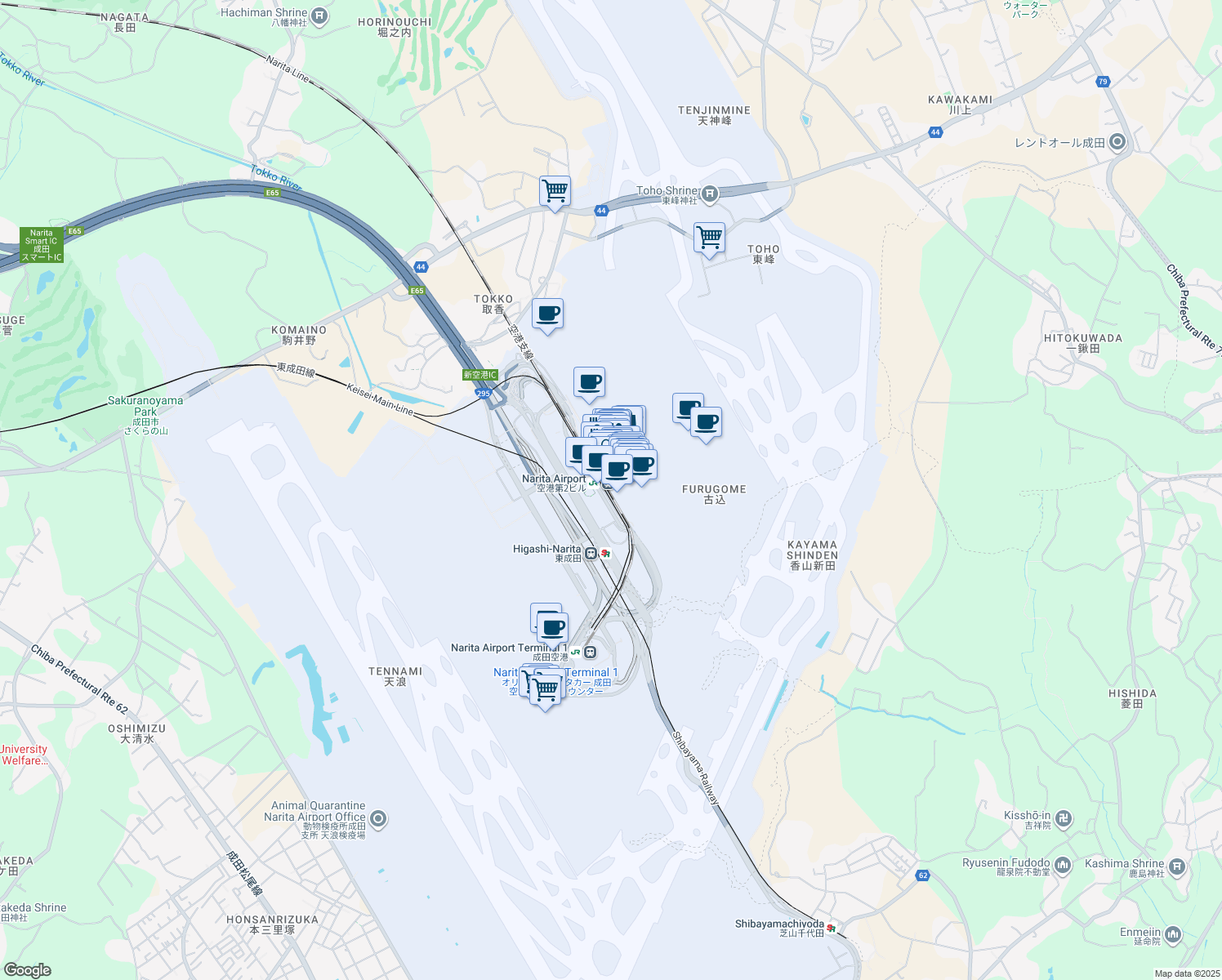 map of restaurants, bars, coffee shops, grocery stores, and more near in Narita