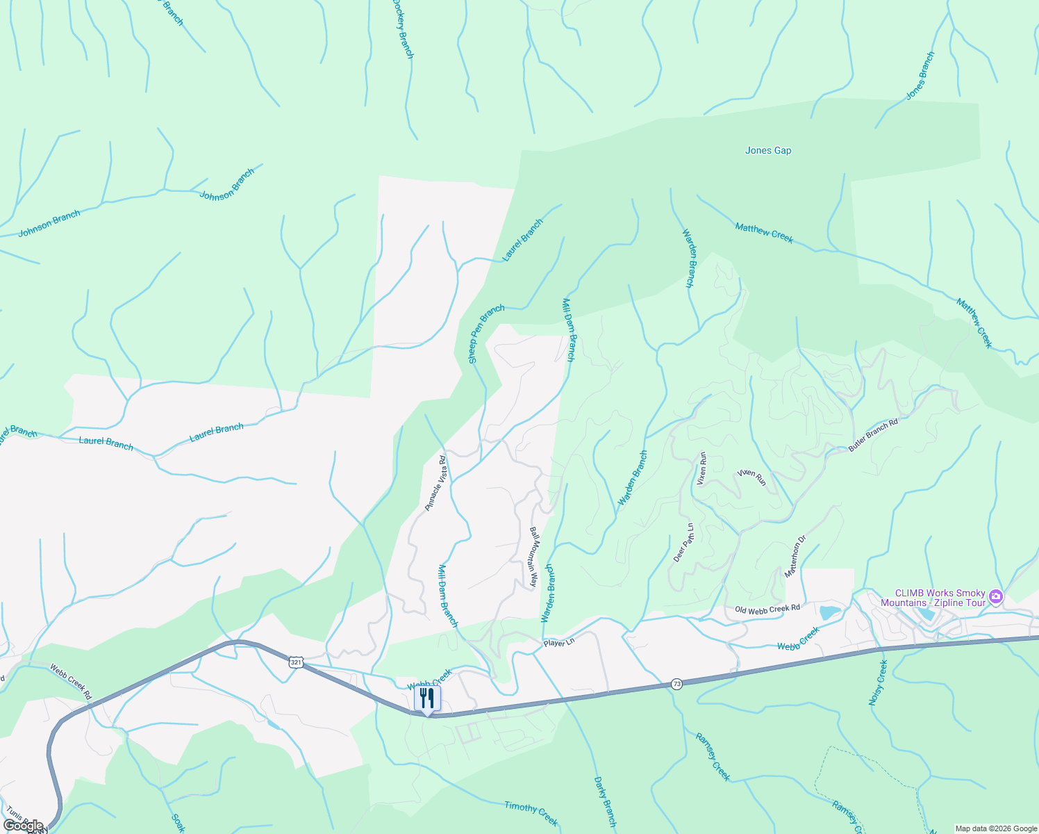 map of restaurants, bars, coffee shops, grocery stores, and more near 641 Pinnacle Vista Road in Pittman Center