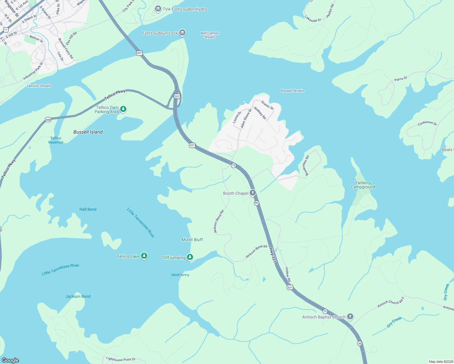 map of restaurants, bars, coffee shops, grocery stores, and more near 1155 Jackson Bend Road in Lenoir City