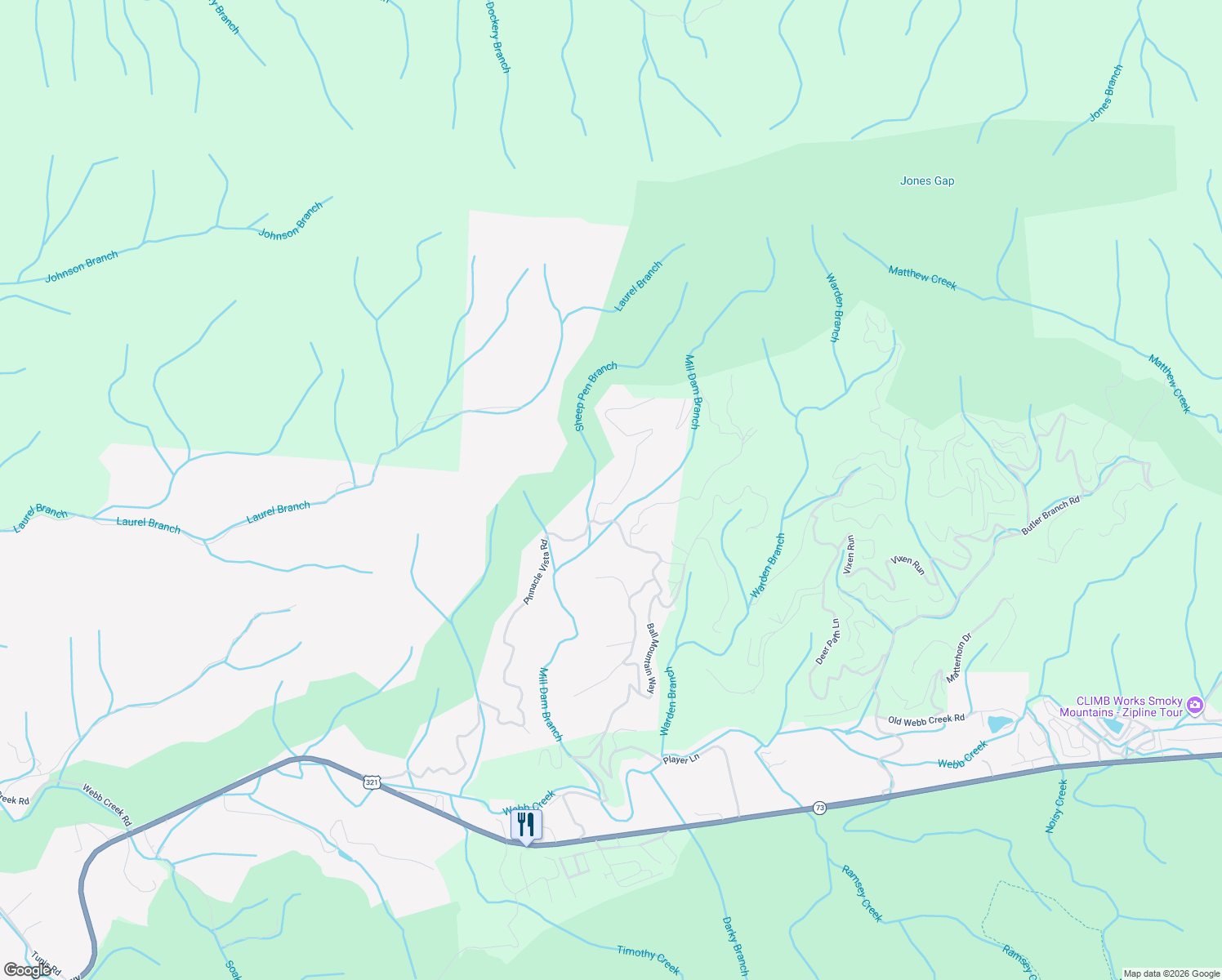 map of restaurants, bars, coffee shops, grocery stores, and more near 641 Pinnacle Vista Road in Pittman Center