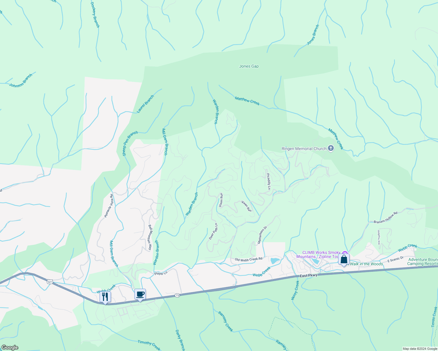 map of restaurants, bars, coffee shops, grocery stores, and more near 760 Deer Path Lane in Gatlinburg